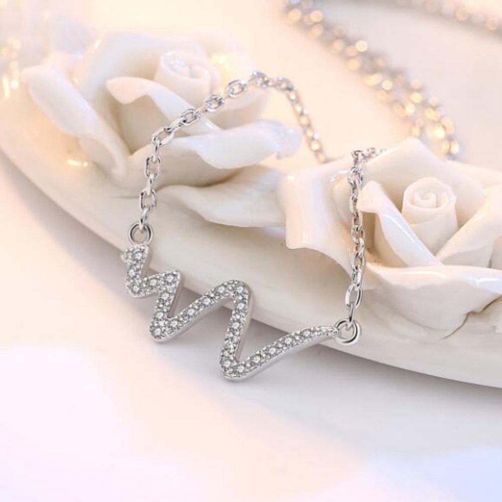 NEW 925 Sterling Silver Diamond Heartbeat Necklace - Picture 1 of 7